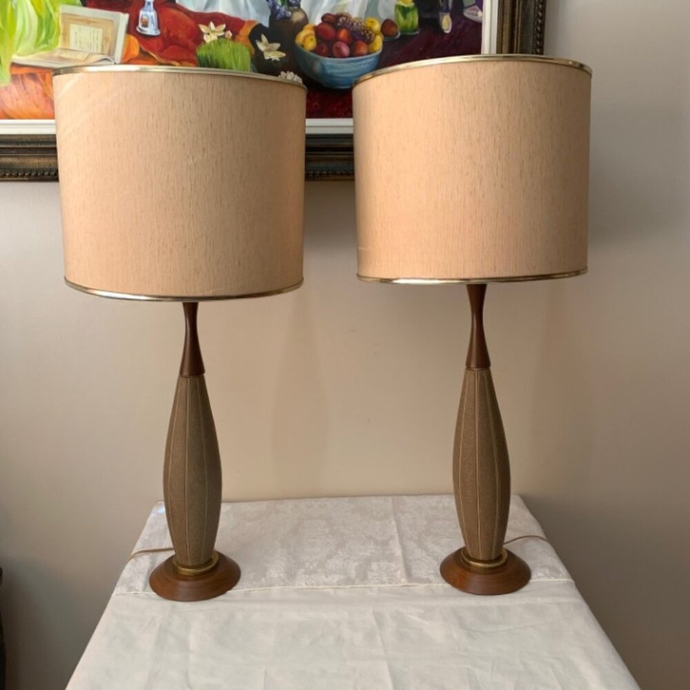 MCM Vintage Teak Ceramic Table Lamps